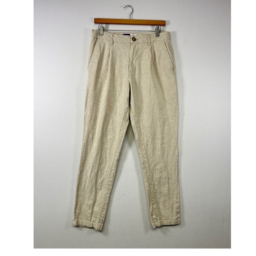 Old Navy Loose Taper Pants Women M Beige Linen Cotton Blend Pleated High Rise